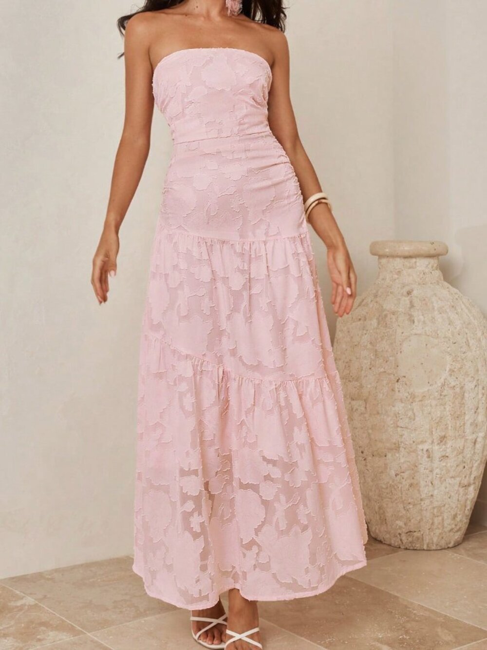 Pink Elegant Women's Romantic Jacquard Maxi Tube Dress - Picture 9 of 9